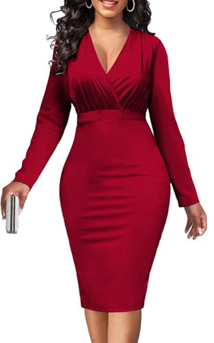 Women's Red Church Dress Wrap Long Sleeve Business Work Dress Formal Ruched Vintage Midi Pencil Dress(06Red,Medium)