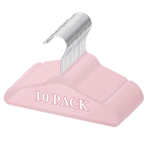 Velvet Hangers 10 Pack - Non-Slip Clothes Hangers Ultra-Slim Space Saving Kids Hangers Wardrobe Organisers for Skirts Jackets & Clothes Home Storage Solution (Light Pink)