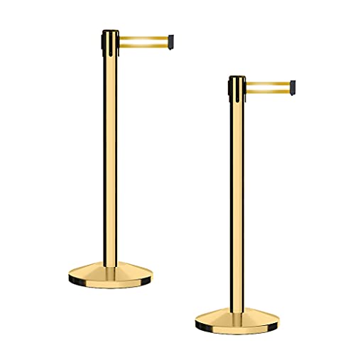 CCW Series RBB-100 - Set of 2 Stanchion Retractable Belt Barriers (7.5 Foot Belt, Yellow with Horizontal Reflective Stripe Belt with Polished Brass Post)