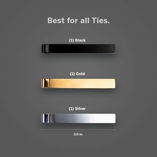 The Slim Tie Bar Clip Set by Würkin Stiffs | Set of 3 Brushed Finish Tie Clips | Includes (1) Gold, (1) Black, (1) Silver | Pack of 1.65” Long Necktie Clips | Gift for Men | As Seen on Shark Tank2