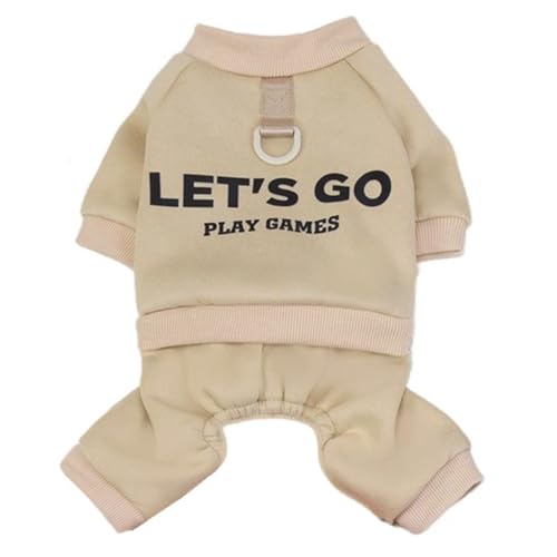 ISUPY ペット服 かわいい 秋冬 ロンパース 防寒コート あたっか 裏ボア ドッグウェア つなぎ パーカー Dカン付き 猫服 洋服 四つの足 脱毛保護 着脱簡単 抜け毛防止 小中型犬 お出かけ お散歩 (XL,ベージュ)