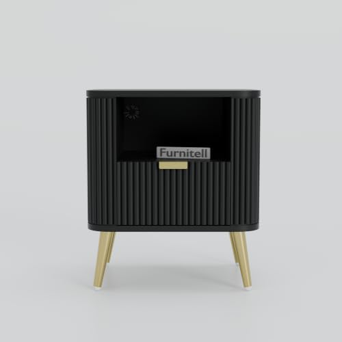 Image of Premium HDMR Wood Bedside Table with 1 Drawer & Open Storage Shelf, Fluted Nightstand with Golden Legs for Bedroom, Modern End Table, for Living Room, Black Finish (18 x 14 x 18 Inch)