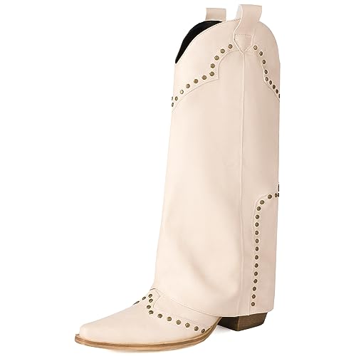 YIYA Women's Studded Western Cowboy Boots Fold Over Knee High Boots Pointed Toe Chunky Stacked Heel Cowgirl Pull-On Mid Calf Boots