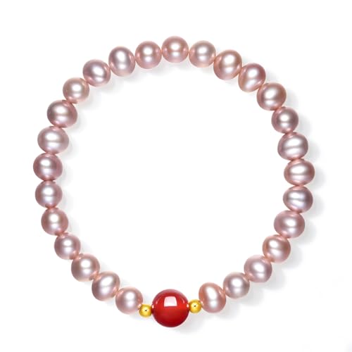 4.5/6.5mm Pearl Bracelet 18K Gold Bead Pink Purple Freshwater Pearl Stretch Beaded Bracelet Red Agate Bead Bracelet for Women Lady 6.7"/17cm4