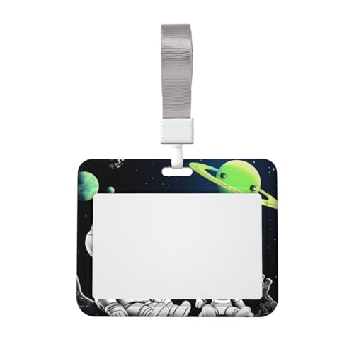スライド式IDバッジホルダー ハードプラスチックワークバッジスリーブ ストラップ付き 防水キーカードホルダー クリアウィンドウ付き 宇宙飛行士とエイリアンカードケースプロテクターポーチ レディース メンズ