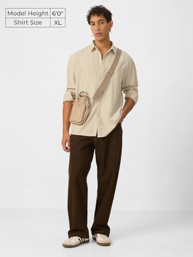 Image of The Souled Store Solids : Ecru Beige Men and Boys Collared Neck Long Sleeve Button Front Regular Fit Cotton Linen Shirt