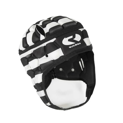 RUGBIER - Casco de Rugby Profesional Air-Pro - Adultos y Jóvenes Unisex - Ajustable - Protector de Cabeza Acolchado - Modelo Rayas Negro-Blanco (Extrasmall)