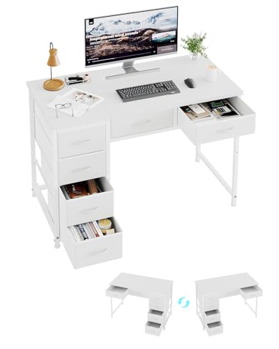 MUTUN 100x48 cm Desk Small Computer Desk with 6 Fabric Drawers Reversible Home Office Desk with Adjustable Feet Work Desks for Office Study Vanity Table for Bedroom White