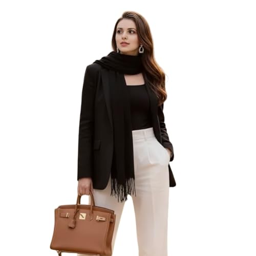 LA FERANI Damen Kaschmir Schal dünn Herbbst Winter 200x70 Schwarz Kaschmirschal Cashmere stilvoll elegant extra geschmeidig Uni Farbe Damenschal Geschenk für Sie (Schwarz)