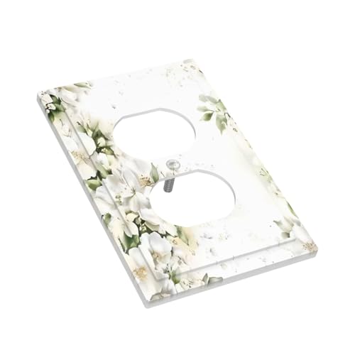 Decorative Outlet Covers Rustic Ink Green Leaves White Florals Flower 1 Gang Duplex Light Switch Cover Plate Unique Wall Plate Electrical Switch Plate Covers for Bedroom Home Decor