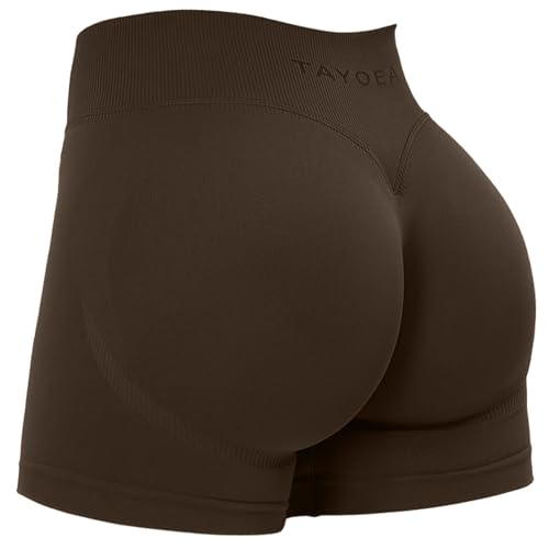 TAYOEA Womens Workout Shorts No Front Seam Seamless Hidden Scrunch Butt Lifting High Waisted Tummy Control Yoga Gym Biker Running Shorts Brown S