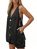 Tankaneo Womens Summer Two Piece Outfits Casual Shorts Set Sleeveless V Neck Button Down Tank Tops and Shorts Tracksuit, Medium, Black
