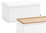 RIOGOM®️ Puff Almacenaje Plegable Rectangular con Mesa de Madera Reversible Tela | Taburete Reposapies Sofa | Baúl de Almacenamiento para Cama, Comedor o Recibidor (Blanco Lino)