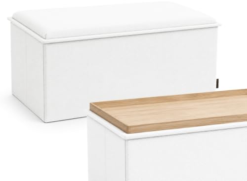 RIOGOM®️ Puff Almacenaje Plegable Rectangular con Mesa de Madera Reversible Tela | Taburete Reposapies Sofa | Baúl de Almacenamiento para Cama, Dormitorio, salón, Comedor o Recibidor (Blanco Lino)