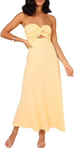 Image of Women Strapless Twist Front Midi Linen Cutout Wedding Guest Dress | Sexy,Sweetheart Neckline,Tube,Long,2026 Summer,Vacation,Formal,Cocktail,Bridesmaid,Party,Baby Shower,Beach,Elegant,Evening