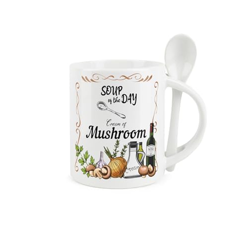 Purely Home Soup Mug and Spoon Set - Cream of Mushroom Soup of The Day - Ceramic White Soup Mug with Spoon in Handle