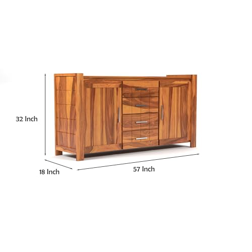 Image of Solid Sheesham Wood Wooden Sideboard Storage Cabinet & Chest of Drawer : Ideal for Living Room and Bedroom with 4 Drawers and 4-Shelf Storage (Chevalier, Honey Finish)