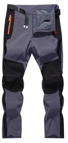 FFEATIANDY Mens Hiking Snow Ski Pants Softshell Fleece Lined Winter Water Repellent Outdoor Fishing Cargo Pants Dark Grey L