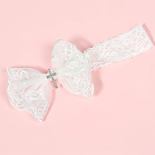 2 Pcs White Bowknot Lace Headband for Baby Girl with Rhinestones Elastic Headdress Child Headpiece Accessories Photo Props4