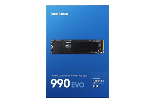 Samsung SSD Interne 990 EVO NVMe M.2 PCIe 4.0 x 4 / 5.0x2, 1 To, Vitesse de lecture jusqu'à 5000 Mo/s, Idéal pour le gaming et la bureautique, MZ-V9E1T0BW