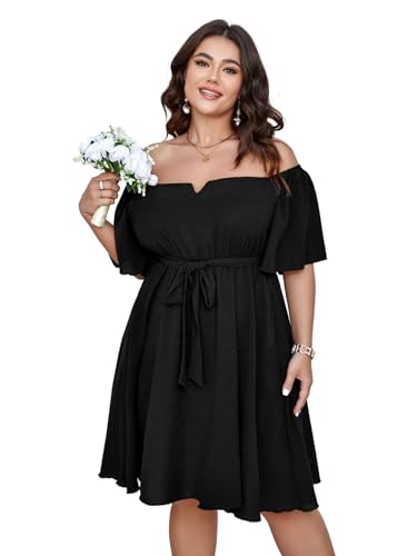 SCOMCHIC Womens Plus Size Cocktail Dress Summer Off Shoulder Short Sleeve Flowy Ruffle A-Line Cute Mini Dress with Belt2