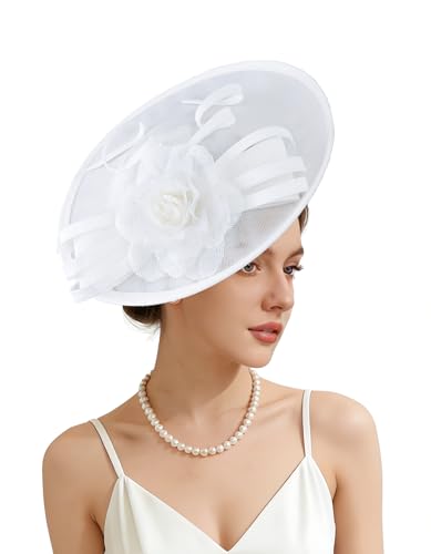 Unpifolov Fascinators Hats Elegant Women Flower Mesh Feathers Headband Wedding Cocktail Bride Party Wide Brim Headwear for Derby Hat Tea Party M14 White