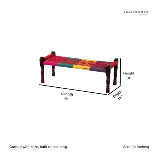 Image of Wooden Bench for Seating | Handcrafted Sheesham Wood Bench for Living Room, Balcony & Garden | Traditional Patio for Outdoor with Cotton Handwoven Rope | Colorful 002