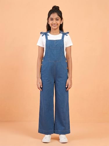 Image of KiddoPanti Girls Denim Dungaree Pant | Cotton Blend Stretch Jumpsuit | Single Front Pocket | Stylish Casual Kids Dungaree | Comfortable Everyday Wear 1-14 Years