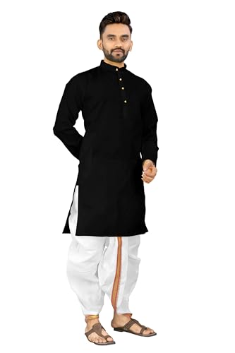 Image of UNIQUE MOMENTS Men's Cotton Dhoti Kurta Set with Full Sleeves Solid Pattern Modern Style and Mandarin Collar Neck | Perfect for Puja & Celebrations