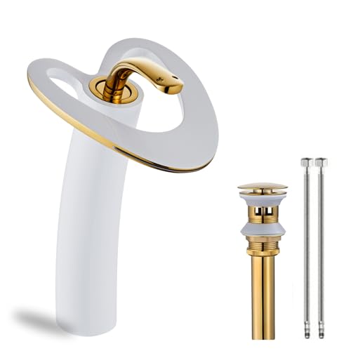 Tall White Gold Waterfall Bathroom Faucets, Single Hole Vessel Sink