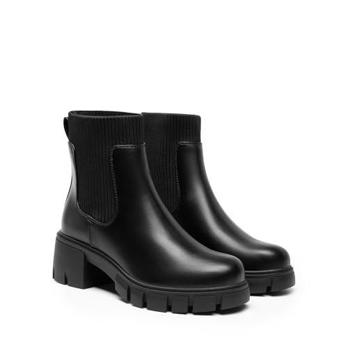 DREAM PAIRS Women's Elastic Chelsea Ankle Boots Fashion Low Chunky Heel Platform Lug Sole Short Booties Shoes4