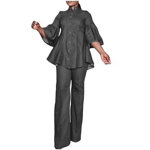 Women's Denim Blazer 2 Piece Outfits Flared Sleeve Button Down