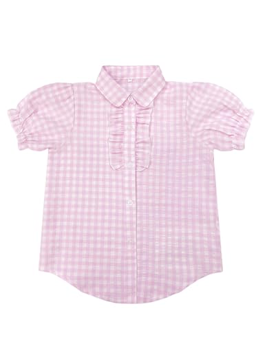Image of Girls Short Sleeve Button Down Shirts Ruffle School Uniform Crop Tops Peter Pan Collar Plaid Blouse 4-13Y