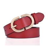 BooeDareno Cinturón de cuero para mujer, hebilla de aleación dorada, cuero vacuno natural, cinturón para pantalones vaqueros, cinturón femenino, rosso, 110 cm