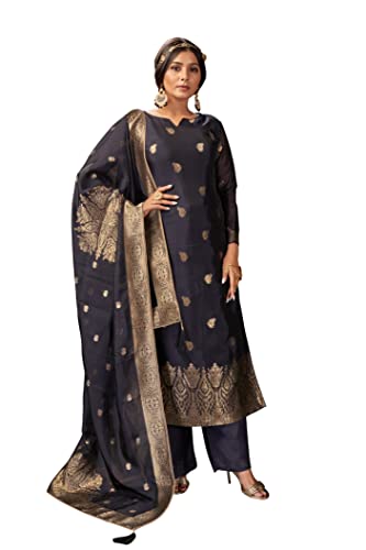 Vardha Women's Unstitched Viscose Art Silk Salwar Suit Set with Dupatta - Zari Work Dress Material for Ethnic (PL-12, Navy Blue) Deal