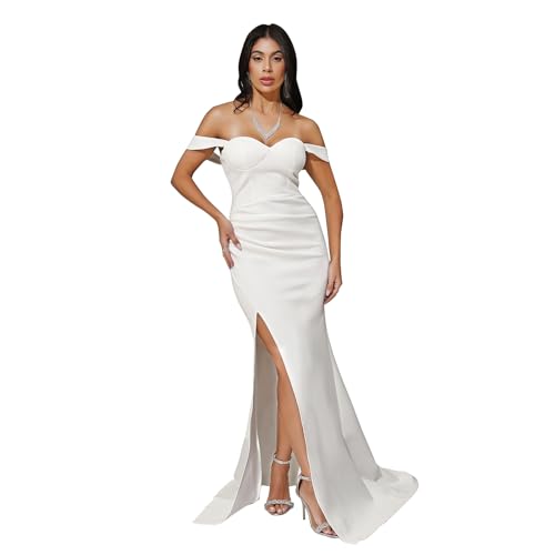 Image of White Long Women's Sleeveless Formal Dresses Wrap Gowns Evening with Slit Elegant V Neck Sexy Cocktail Dresses