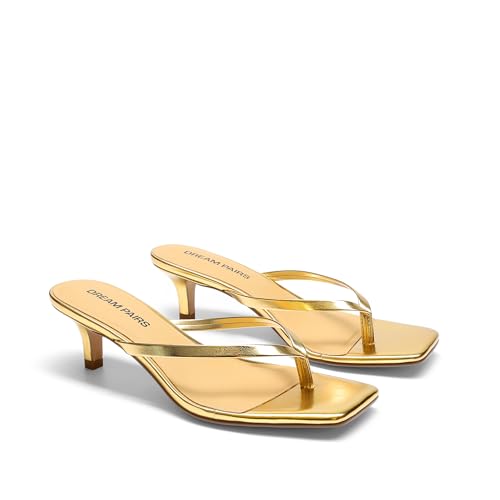 DREAM PAIRS Kitten Heels for Women Flip Flop Low Heels Square Open Toe Sandals Thong 1.96 Inch Heeled Sandals for Summer Vocation,Size 7.5,Gold,SDHS25001W