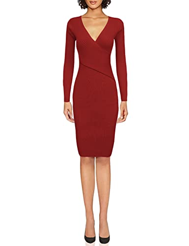 TAM WARE Womens Stylish Surplice Wrap Bodycon Knit Dress TWCWD157-RED-S