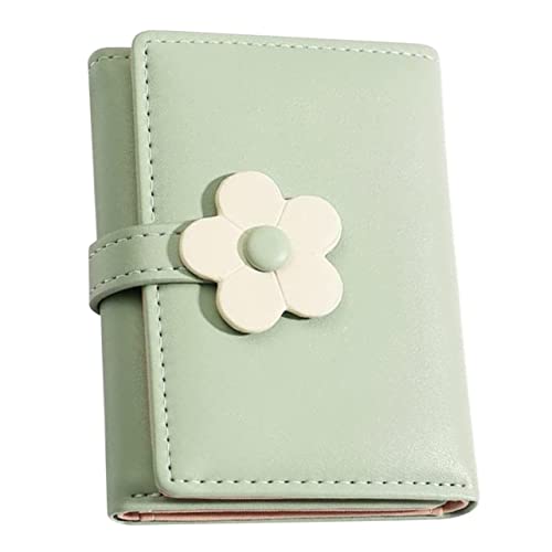 LIFKOME Korean Style Trifold Student Wallet for Lightweight PU Change Purse with Flower Pattern Compact Card Organizer Storage Cute Green Fashion Purse for Teens