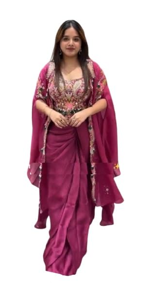 Lehenga Choli Indo-Western Draped Set For Womens And Girls Ready To Wear Hevay Crep Silk Fabric Shrug with Sarara