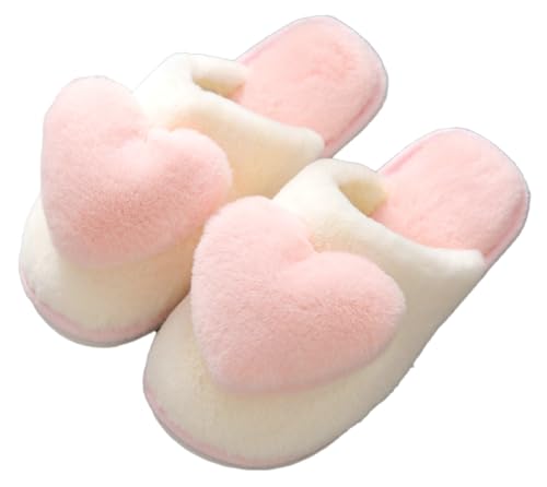 Women's Sweet 3D Heart Love Fuzzy Slippers Slide-On Fluffy Comfortable Fur Lined Indoor Cozy Slippers Girls Gift