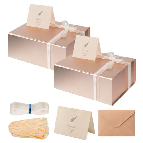 Image of LIFELUM Large Gift Box 2 Pack 13.85 x 8.35 x 4.45 Rose Gold Gift Box with Magnetic Lid Bridesmaid Proposal Gift Boxes for Presents Contains Card, Ribbon, Shredded Paper Filler