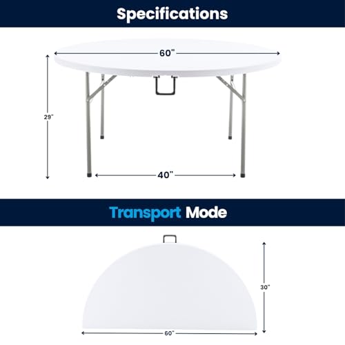 Image of BTEXPERT White 5 Ft 60inch Round Plastic Folding Table Commercial Portable Indoor Outdoor Accessory for Patio Backyard Dining Wedding Party Events Home Kitchen