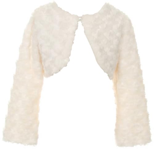 Big Girls Girls Long Sleeve Faux Fur Flower Girl Cardigan Shrug Bolero Dress Coat Ivory 8 (H72C7)