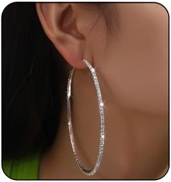 80mm Rhinestone Hoop Earrings for Women Sparkly Earrings Cubic Zirconia Circle Earring Exaggerated Prom Earring Large Rhinestones Round Hoop Earrings Silver Prom Jewelry for Party Wedding Birthday