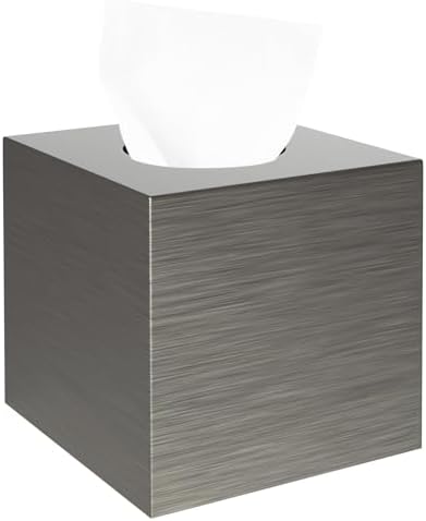 Luxspire Resin Paper Tissue Box Cover Holder, Square Facial Tissue Case, Pumping Paper Roll Toilet Paper Holder Napkin Dispenser for Office Bedroom Car Bathroom Vanity Accessories Decor - Silver Gray