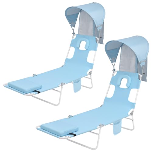 Backpack Beach Tanning Chair with Canopy Sun Shade & Face Hole, 6 Position Folding Lounge Sun Chair for Adults Outside Reading Sunbathing Poolside Camping Lawn, UPF 50+, 2 Pack, Patented