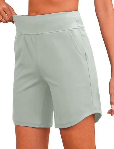 Quenteen Womens High Waisted 7 Bermuda Athletic Shorts with Pockets Comfortable Workout Shorts for Running Yoga Walking Sage Green