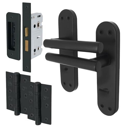 EAI Black BathroomDoor Handle Set | 1 Pair of Matt Black Internal Lever T-Bar Handles on Backplate with Hinges (76mm) & Lock (64mm) | Oliena Range
