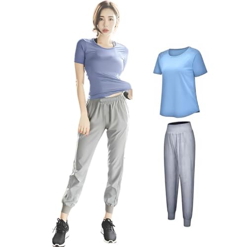 STYLIVA スポーツウェア ワークアウトウェア 上下セット レディース トレーニングウェア 2点セット 半袖 Tシャツ ロングパンツ 吸汗速乾 伸縮性 美脚シルエット